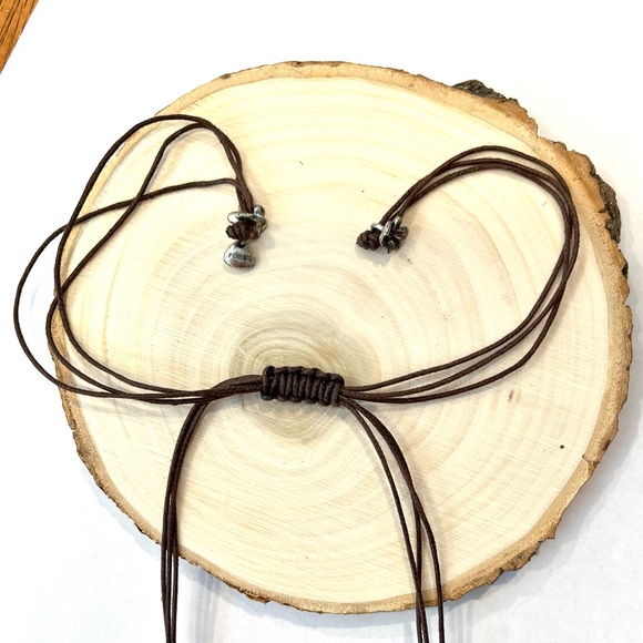 Teal beaded necklace on brown cord, made by Fossil - Picture 4 of 6